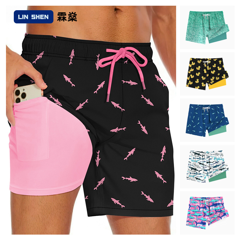2025 Cross-Border Popular Quick-Drying Swimming Trunks Summer Casual Shorts Double-Layer Sports Style Five-Point Pants Beach Pants for Men