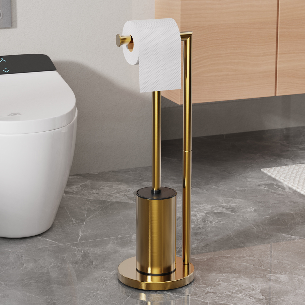 Cepillo de inodoro de piso dorado para el hogar, soporte de toallas de papel, soporte de rollo de papel integrado, cepillo de limpieza, soporte de papel higiénico desmontable