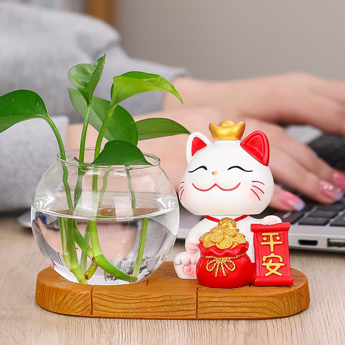 New Lucky Cat Hydroponics Creative Vase Utensils Vase Living Room Desktop Decoration Lucky Cat Green Radish Hydroponics