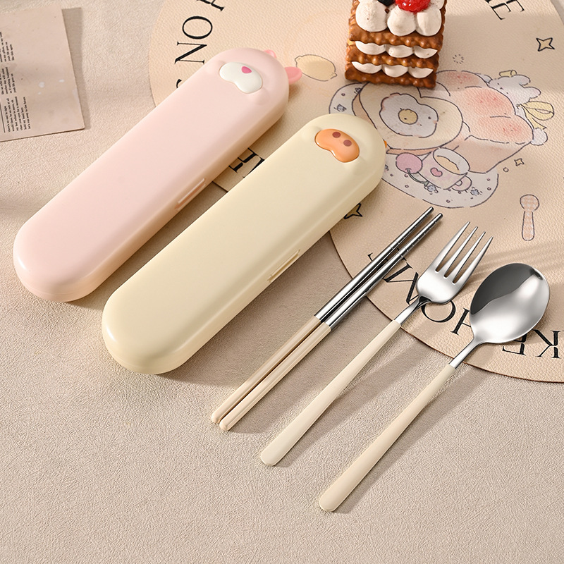 304不锈钢萌趣筷子勺子叉子餐具套装 便携三件套带收纳盒学生餐具