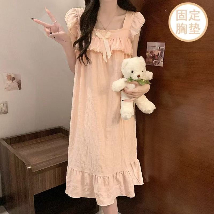 Pijama con cojín de pecho 2026 primavera y verano nuevo vestido largo de encaje coreano lindo ropa de casa pijamas de niña