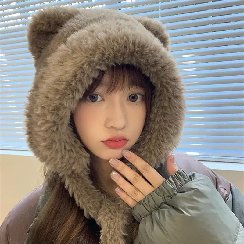 帽子女冬季新款可爱小熊毛绒帽网红百搭保暖毛线帽护耳绑带针织帽|undefined