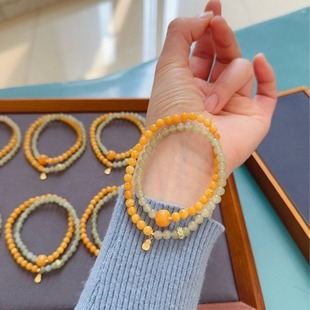 Natural Russian Chicken Oil Yellow Old Beeswax with Hetian Jade Double Circle Bracelet All-match Various Clothes White Size 5mm