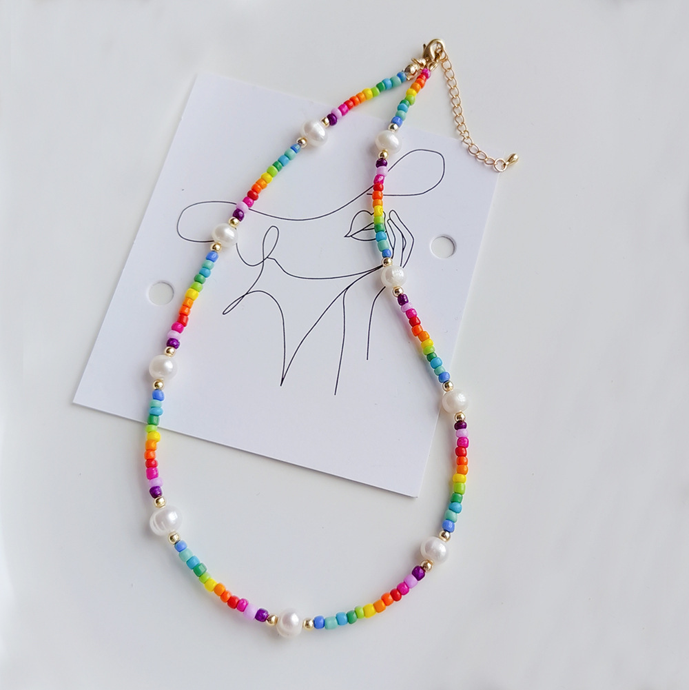 Colorful Pattern Women'S Gender Beaded, Knitting Design Vacation Colorful Mixed Materials Beaded Knitting Women's Necklace