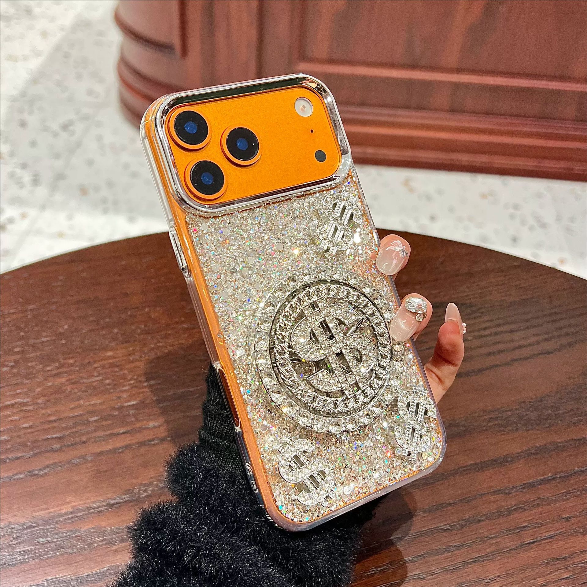 适用苹果18promax手机壳iphone17滴胶闪粉转盘美元发财16pro新款X