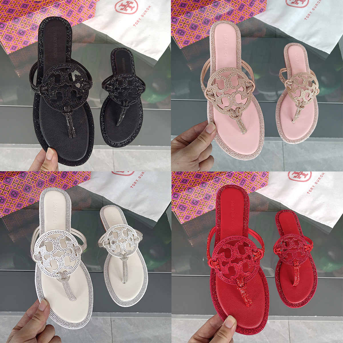 Comercio exterior TB casa 2026 diamante flip flops para mujeres de tamaño grande con un fondo plano doble T zapatillas frías fábrica al por mayor sandalias image 4