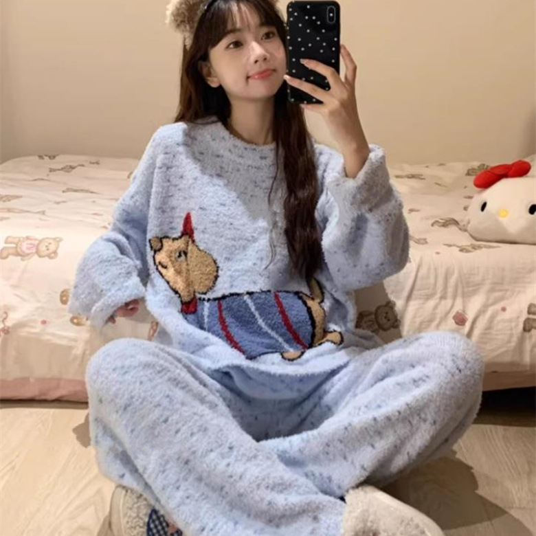 Foreign Trade Factory Wholesale Autumn and Winter Flannel Pajamas Home Clothes Long-Sleeved Light Blue Snowflake Dachshund Coral Velvet Suit
