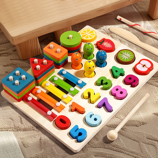 Five-In-One Children's Wooden Multi-Functional Geometric Set Column Shape Number Matching Fishing and Piano Early Education Toys Educational