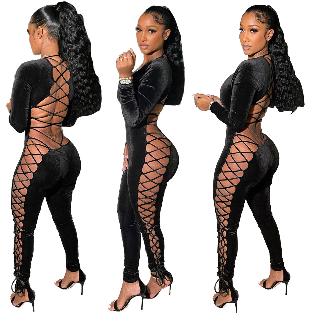 Gold Velvet Lace-Up Drawstring Jumpsuit NSLS99643