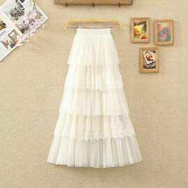 定制夏季松紧高腰多层刺绣蕾丝蛋糕裙超仙女A字网纱中长款半身