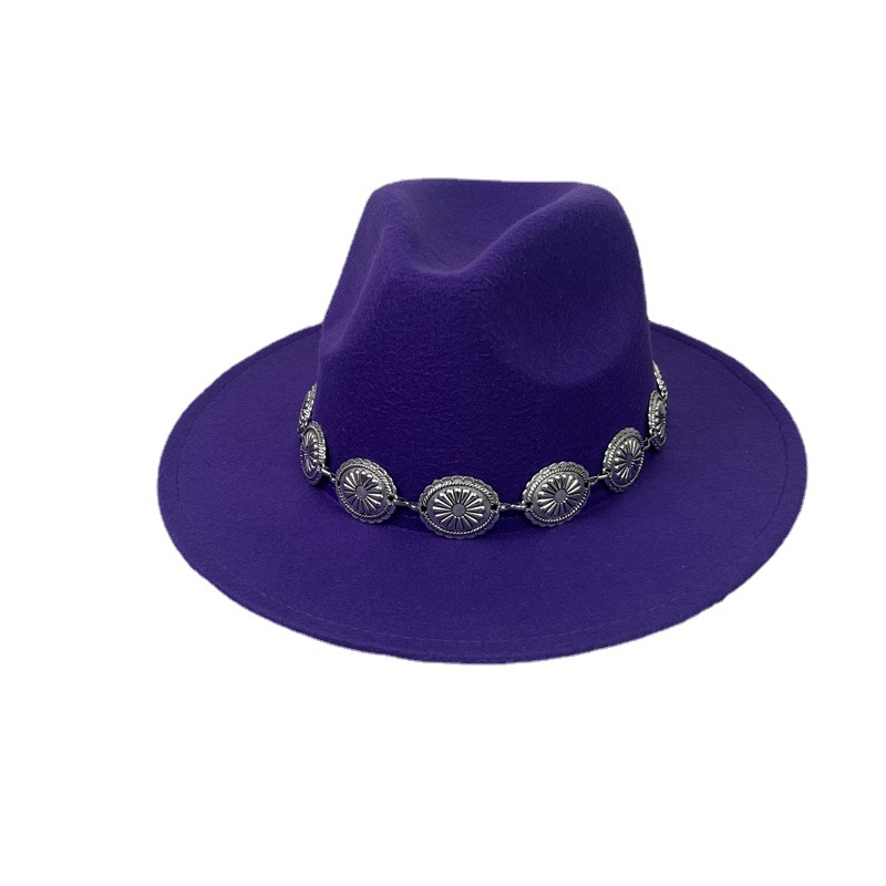 Sombrero de lana europeo y americano sombrero de fieltro de estilo británico decoración de cadena ovalada AliExpress sombrero de jazz borde plano sombrero superior para hombres