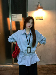 大码时尚通勤条纹长袖衬衫女秋季胖mm显瘦宽松高级感衬衣收腰上衣