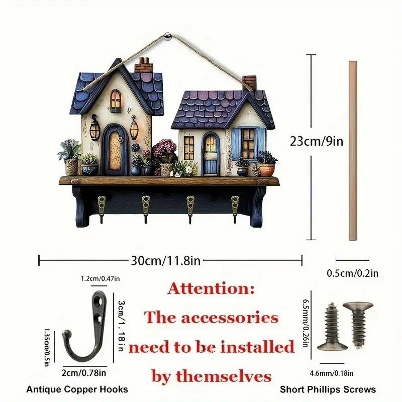 新着カラフルな木製キャビンキーハンガーフラットグラフィックデザインリビングルームの装飾木製置物キーハンガー|undefined