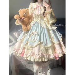 ブルーピンクのキュートで甘くておしゃれなロリータ長袖ワンピースOPふわふわ逃走プリンセスドレスロリータ秋冬スタイル