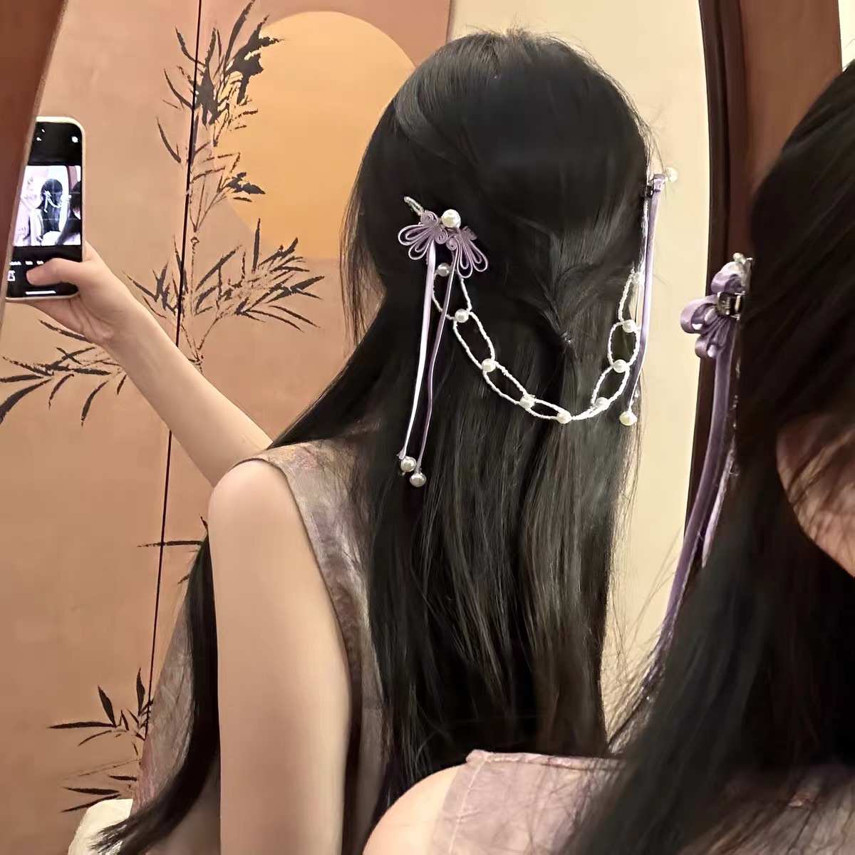 2026 New Model "Purple Clouds of the South" Chinese Style Purple Ribbon Pearl Hair Chain New Chinese Style Hairband for Women Ancient Style Hair Accessory