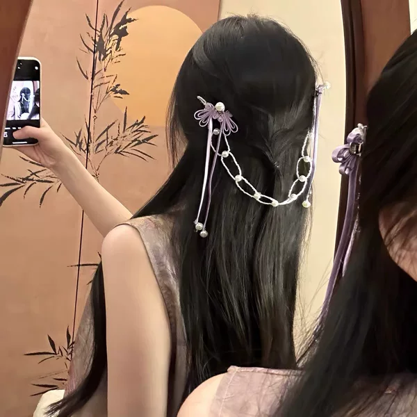 2026 New Model "Purple Clouds of the South" Chinese Style Purple Ribbon Pearl Hair Chain New Chinese Style Hairband for Women Ancient Style Hair Accessory