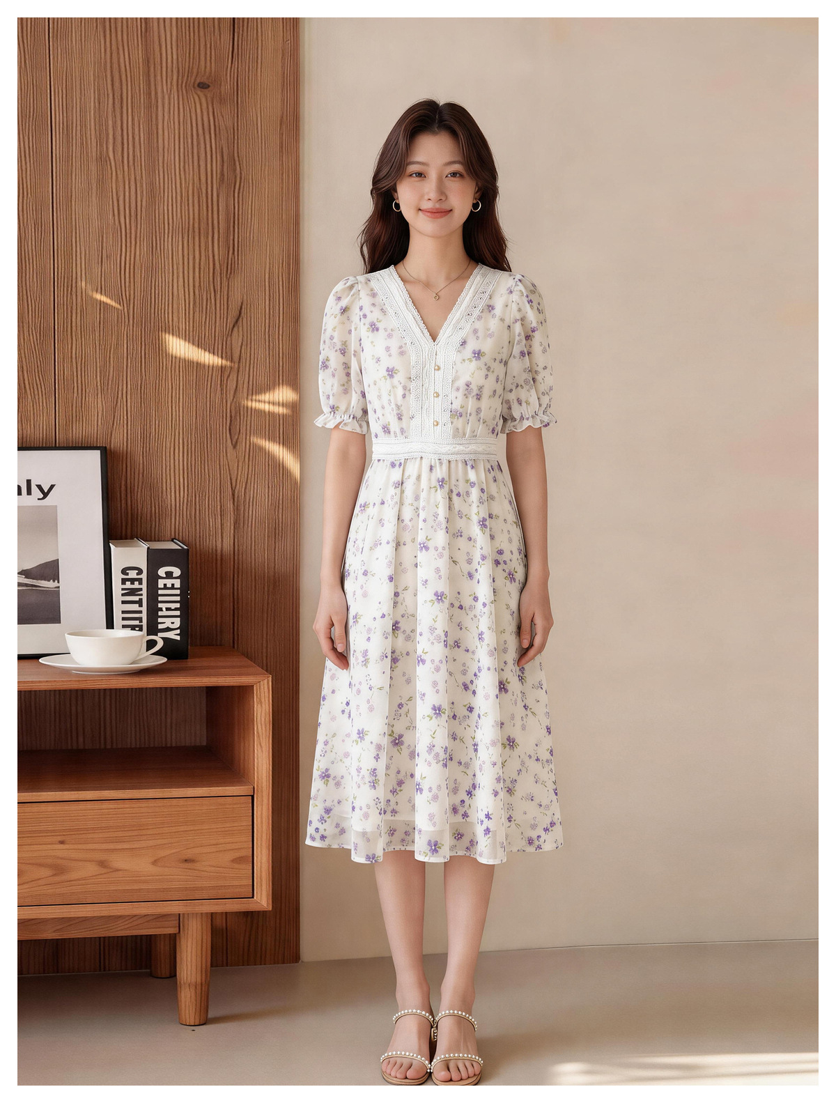 Đầm maxi nữ thắt eo tay ngắn cổ V in họa tiết dáng dài — màu be, màu trắng chi tiết 23