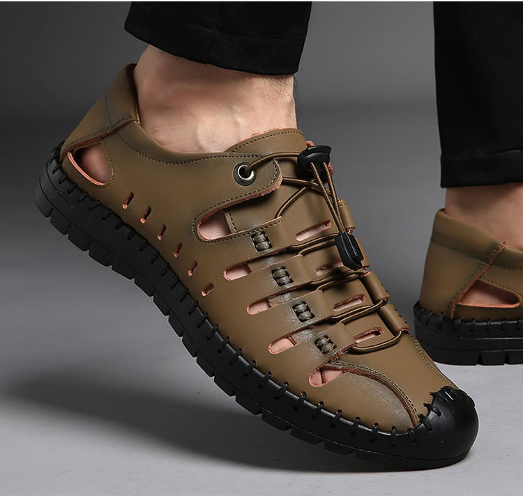 Dép sandal nam quai ngang da bò thật đế mềm thoáng khí kiểu lỗ rỗng — Màu Kaki, Màu nâu vàng, Màu đen chi tiết 11