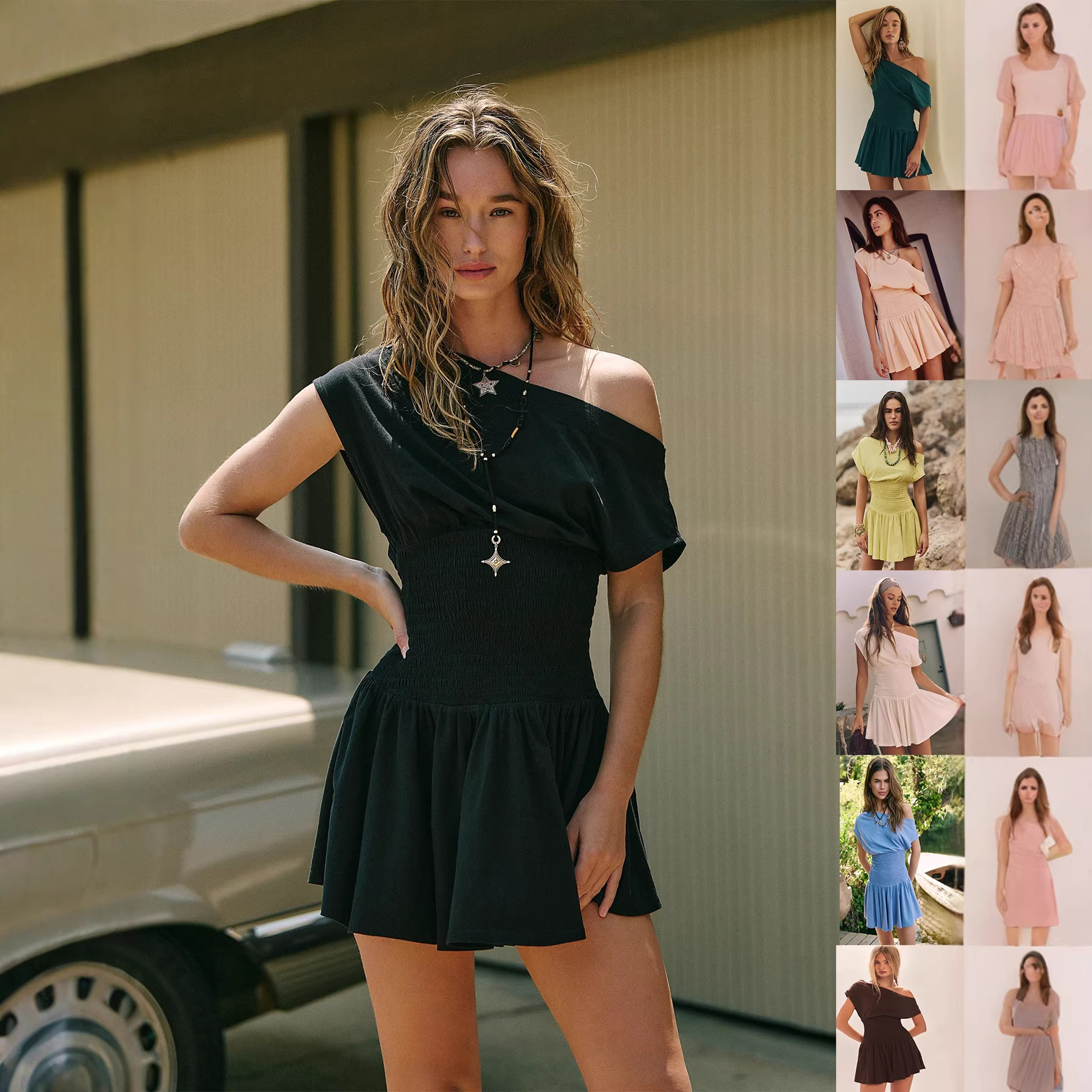 2026春夏新款亚马逊欧美跨境气质优雅纯色斜肩松紧腰短裙连衣裙女