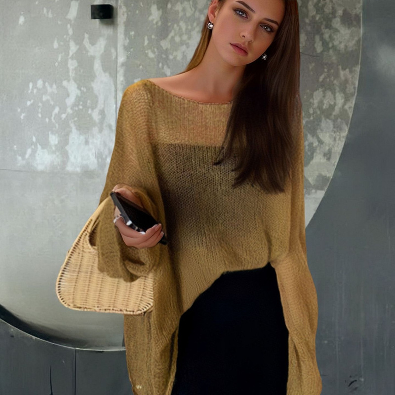 Spring and Autumn New Round Neck Loose Knitted Shirt Top Women's Horse Hippocampus Sweater Outer Wear Lazy Style Hollow Out Blouse Thin