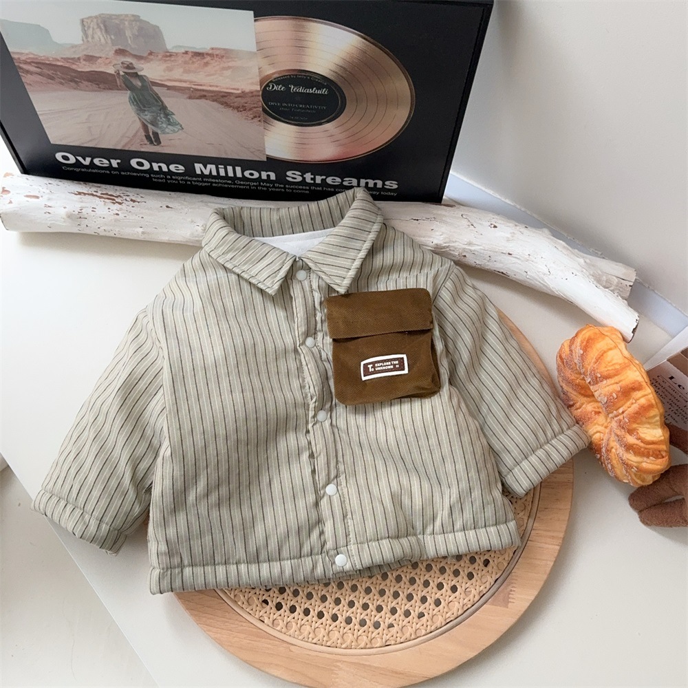 Ropa para niños coreanos estilo otoño e invierno abrigo acolchado a rayas para bebés más pantalones casuales de terciopelo traje de bebé de 1-3 años