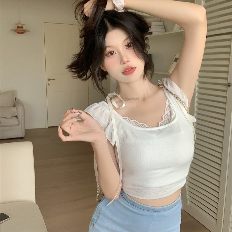 여름 핫걸을 위한 화이트 레이스 캐미솔 플라잉 슬리브 티셔츠 한국 슬림핏 짧은 투피스 탑
