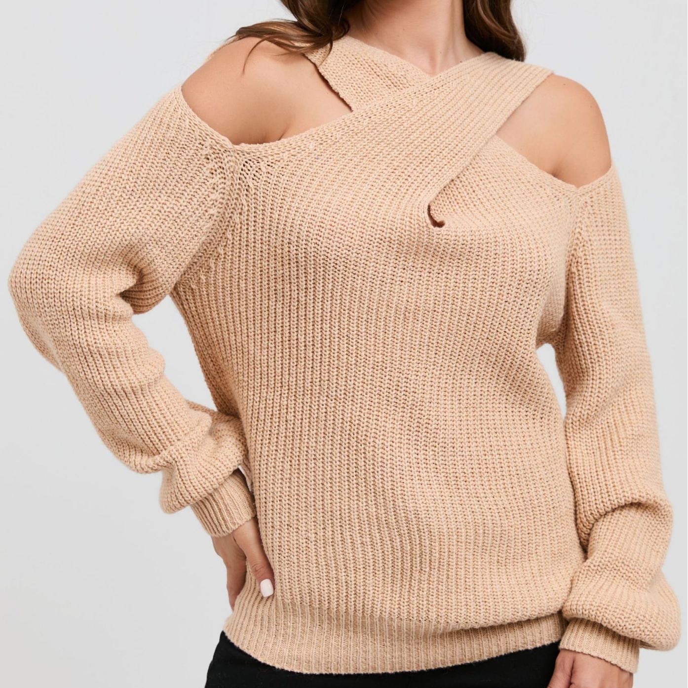 2023 nuevo Amazon primavera y otoño color sólido fuera del hombro Cruz Halter linterna manga suéter para mujeres
