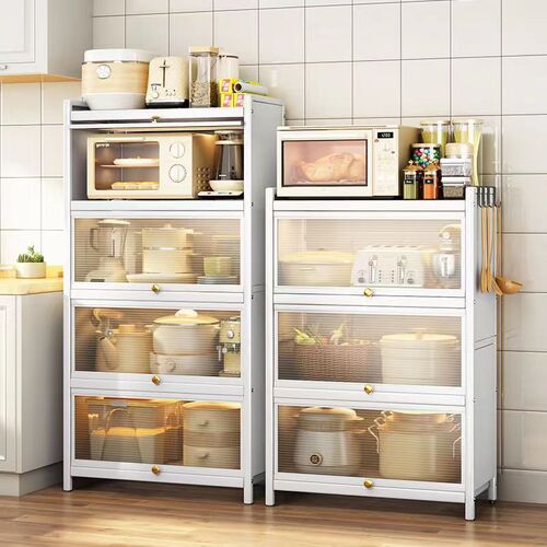 Kitchen storage cabinet dust-proof with door household storage cabinet without punching microwave oven rack thickened carbon steel storage cabinet