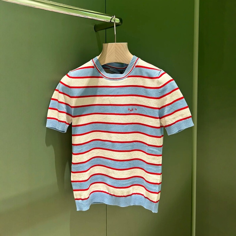 Nanyou High-End Triangle Logo 25 Summer New Striped Round Neck Short Sleeve Knitted T-Shirt for Women Slim Fit Top Nanyou High-End Triangle Logo 25 Summer New Striped Round Neck Short Sleeve Knitted T-Shirt for Women Slim Fit Top