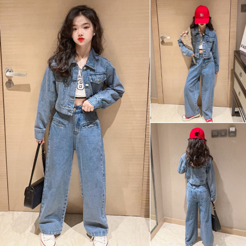 Girls' Autumn Denim Suit  New Style Big Kids' Korean-style Trendy Spring and Autumn Wide-leg Pants Two-piece Set