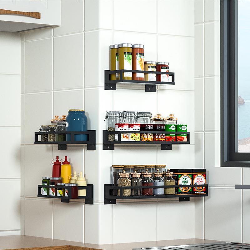 Estante para especias de acero inoxidable sin clavos, estante de almacenamiento montado en la pared, organizador de condimentos multicapa negro, combinación sin necesidad de taladrar