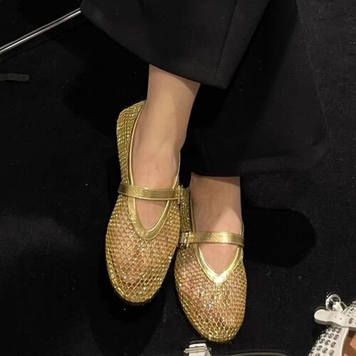 Leather round head niche fish grid hollow ballet flat women's new fashion simple flat buckle single shoe