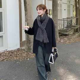 围巾呢配韩系双面感显瘦外套女新款大衣千金秋冬2025黑色羊毛