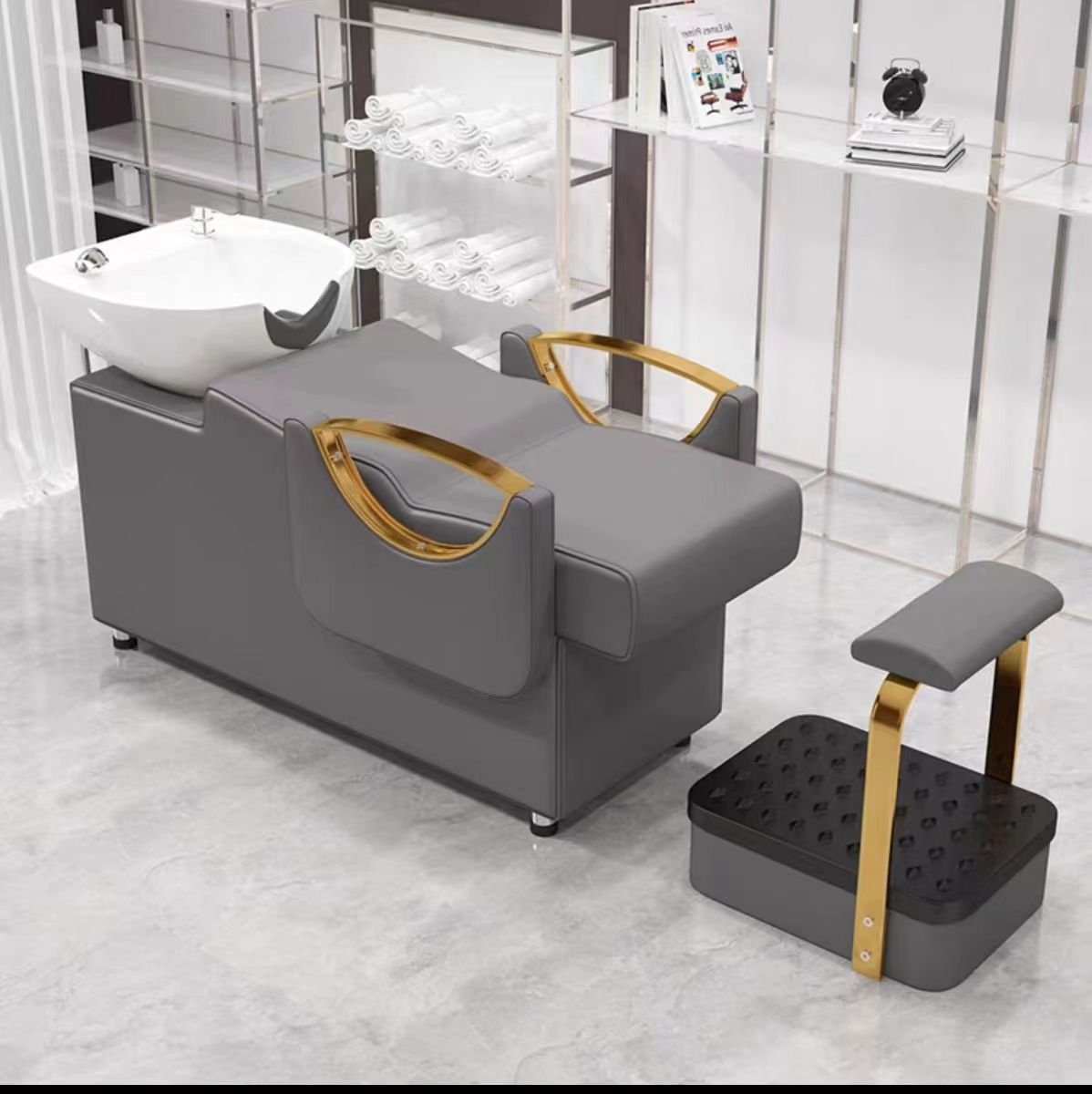 Cama de lavado de cabello para peluquería con reposapiés, lavabo de cerámica, cama de lavado de cabello semireclinable para peluquerías, cama de masaje y peluquería.
