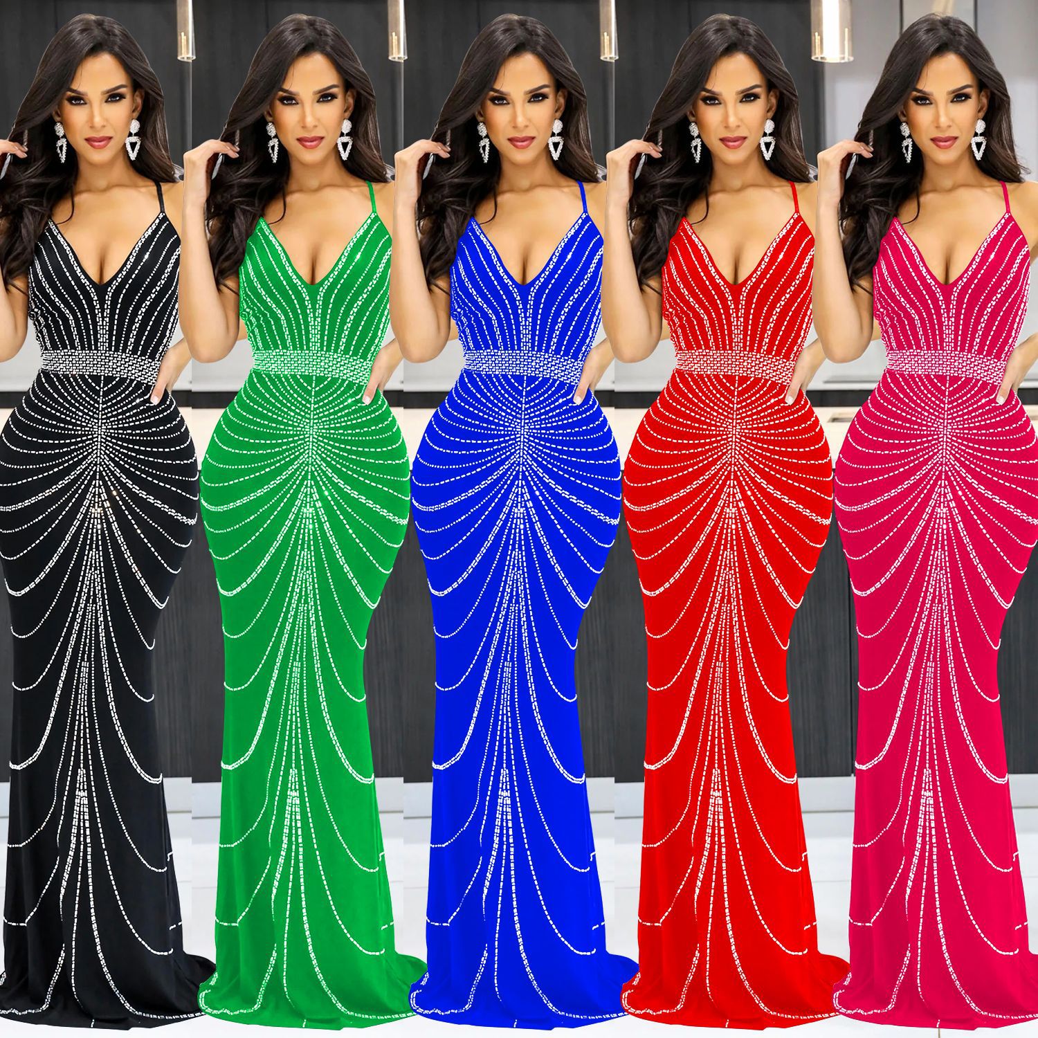 C6388 AliExpress Amazon moda europea y americana de las mujeres color sólido sin mangas la correa rhinestone backless vestido image 1