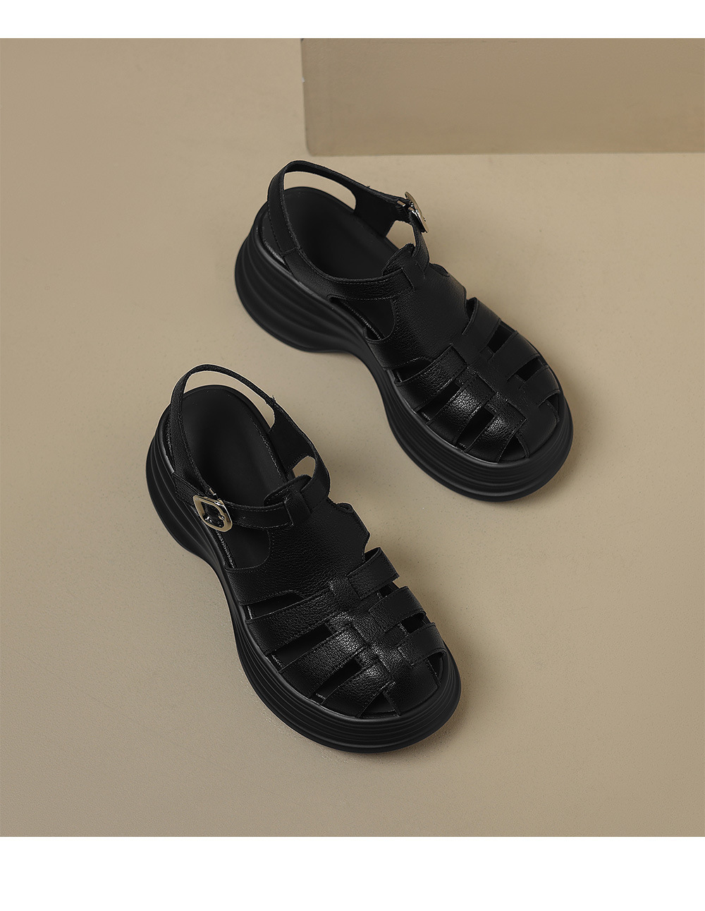 Sandal La Mã đế rỗng dệt mũi kín da thật gót cao 9 cm — đen chi tiết 16