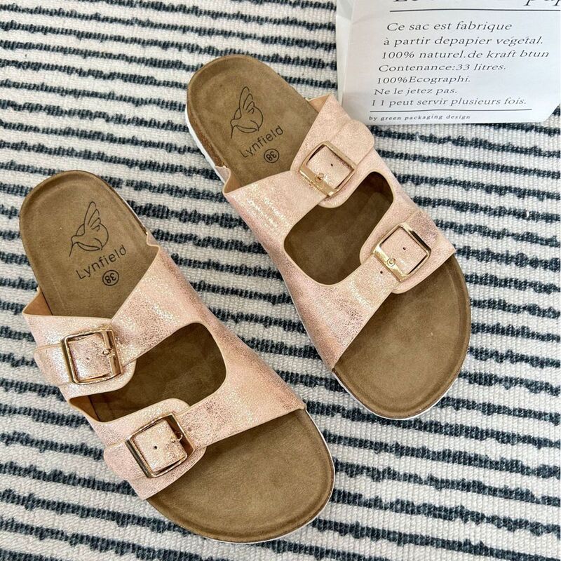Foreign trade products women's new summer slippers double buckle distressed Cork slippers lazy slippers American ins non-slip Foreign trade products women's new summer slippers double buckle distressed Cork slippers lazy slippers American ins non-slip