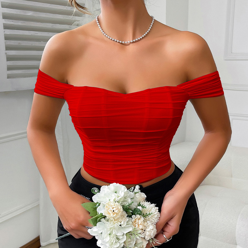 Abbigliamento donna: canotta senza spalline con corsetto a spina di pesce, spalle scoperte e maniche corte, stile vacanza._voghion.com