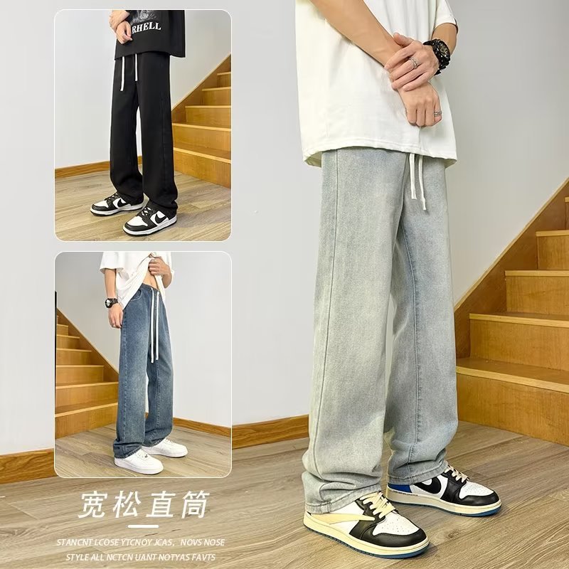 Vaqueros americanos, pantalones teñidos de barro amarillo de seda de hielo viejos lavados de verano para hombres, pantalones rectos sueltos de la marca de moda de la calle principal