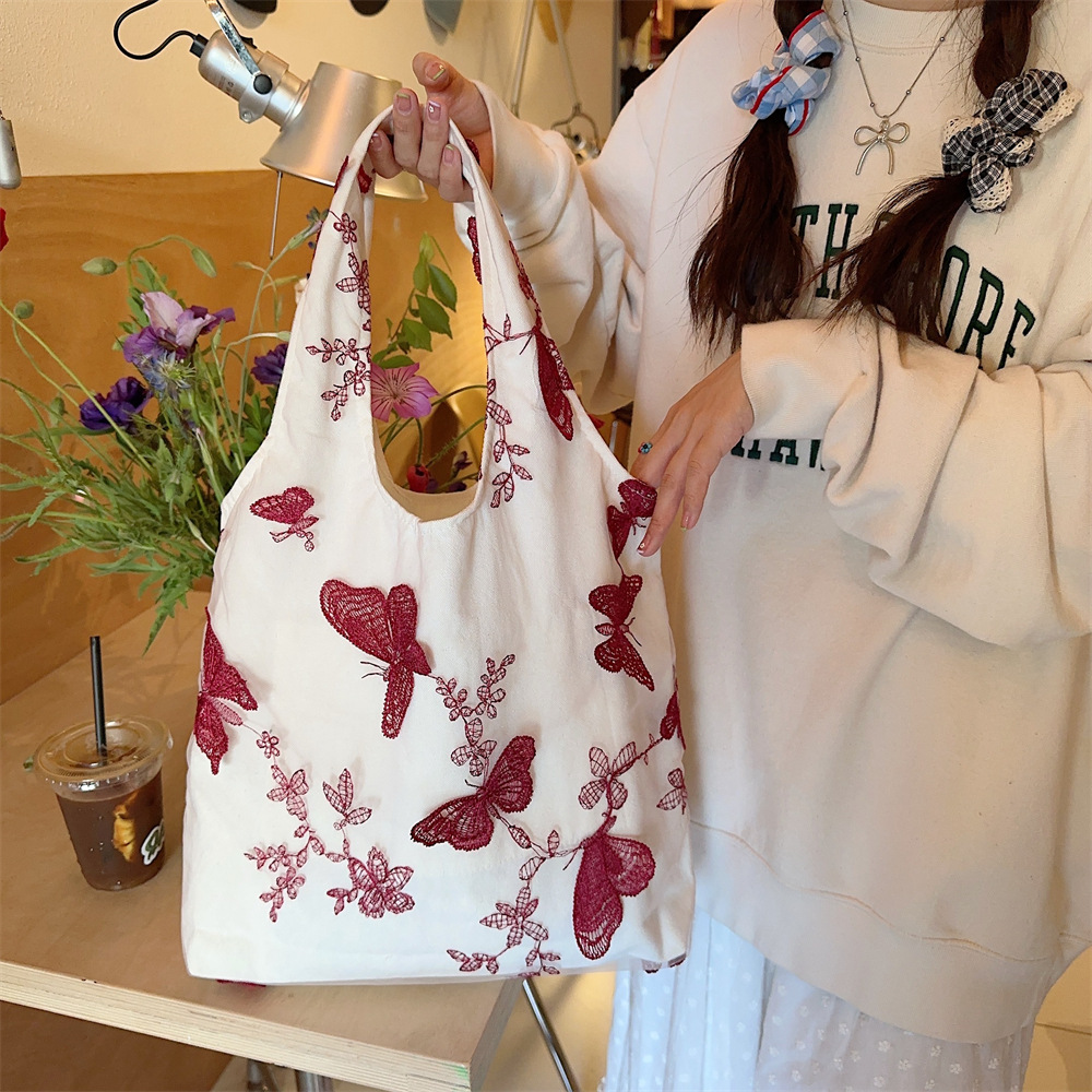 44292 Traditional Chinese style retro embroidered lace butterfly cloth bag for casual women's travel, canvas bag, large capacity single-shoulder bag undefined