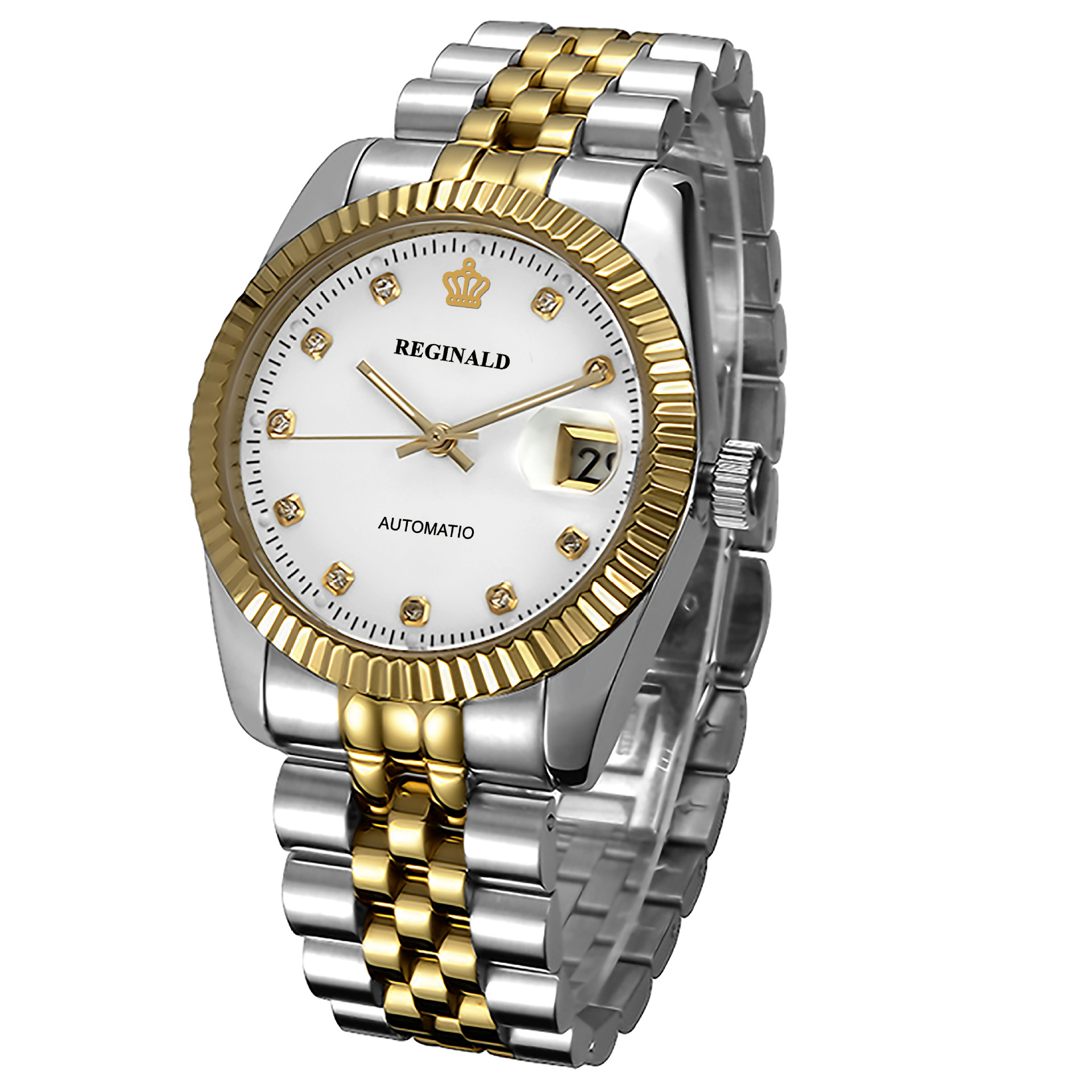 Orologio da polso meccanico automatico da uomo, impermeabile, con calendario, elegante cinturino in acciaio, quadrante con diamanti incastonati, orologio retrò color oro._voghion.com