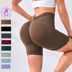 8色V腰褶皺設計無縫瑜伽短褲高腰提臀健身褲運動三分褲女shorts