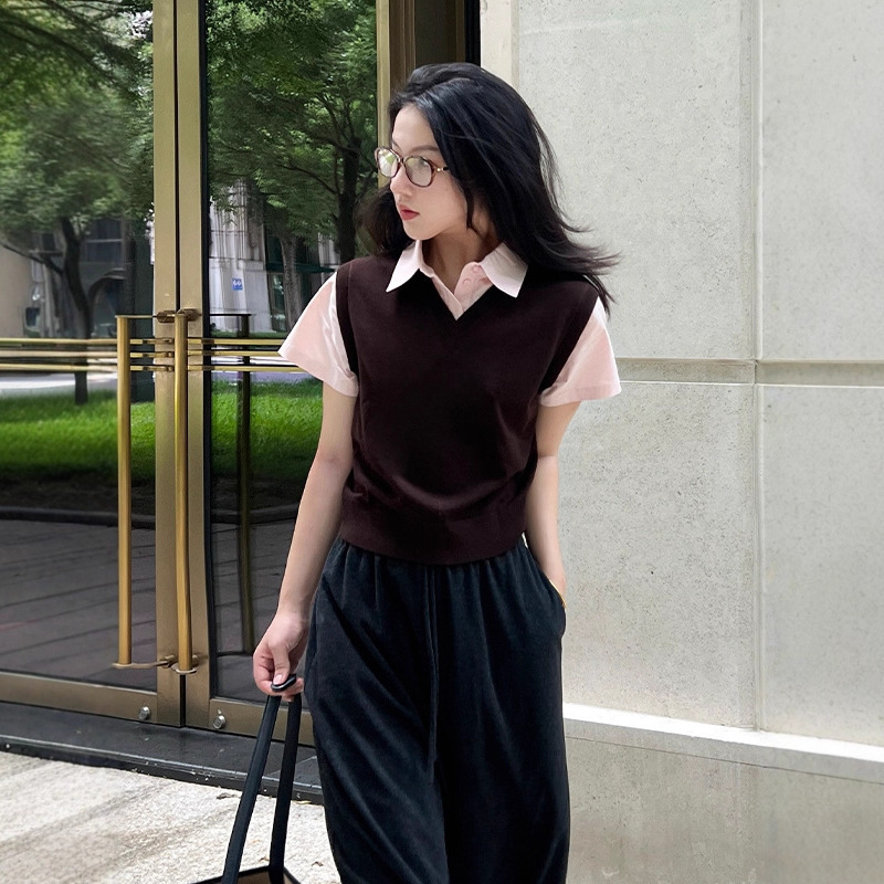 Standard Fit Faux Two-Piece Round Neck Wool Blend Shirt Knit Vest 2025 Autumn Women's Short-Sleeve Top