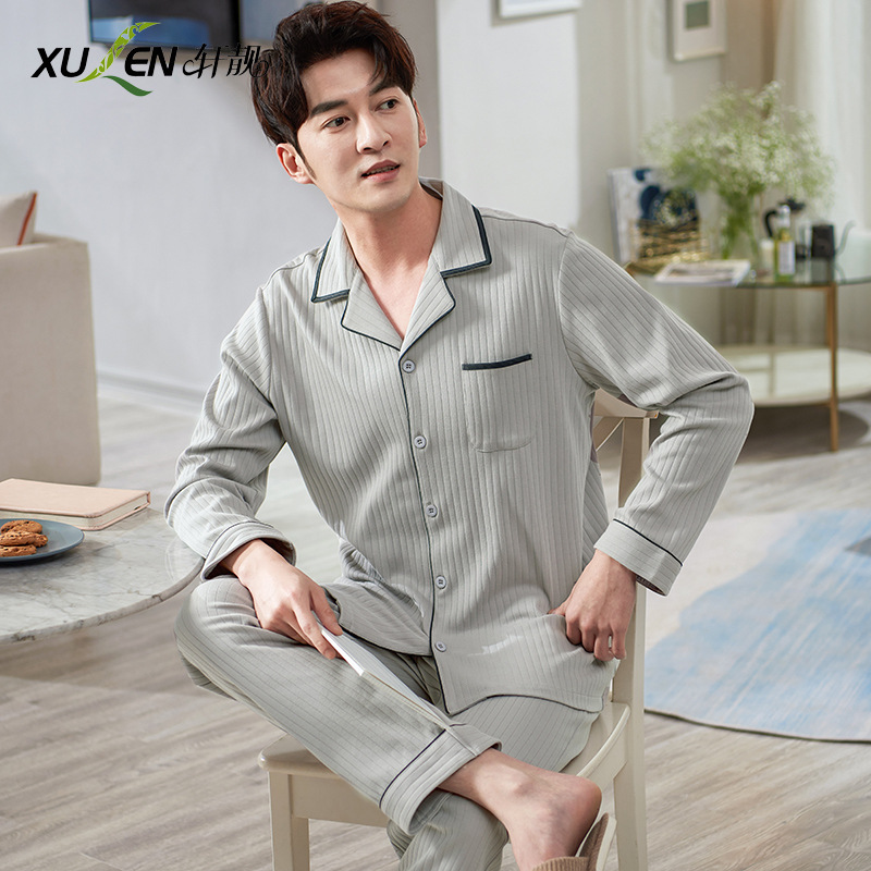 Pijamas de los hombres de primavera y otoño 100% algodón de manga larga más tamaño de los hombres sueltos de ropa para el hogar de otoño e invierno cardigan traje