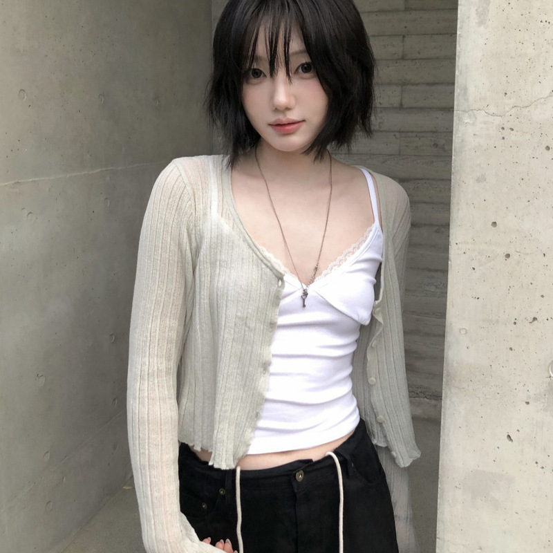 Korean-Style Thin Vertical Ribbed Knit Cardigan for Women with Irregular Hem, Slightly Sheer, Sun-Protective, Long-Sleeved, Short Outerwear Top