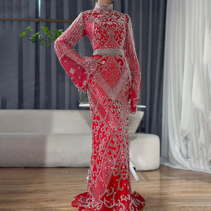 Foreign trade red high collar fishtail evening dress high-end elegant host wedding banquet dress LA72316C