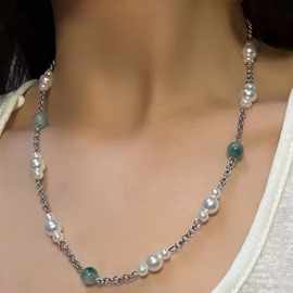 素馨欧美简约时尚淡水珍珠项链 复古百搭小众设计搭配绿色翡翠锁