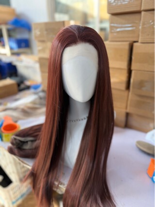 Red-Brown Long Straight Hair Synthetic Fiber High-Temperature Silk Front Lace Hand-Crocheted Cosplay Wig Full Head Wig