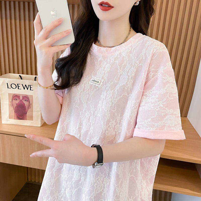 Beautiful Lace Splicing Round Neck T-Shirt for Women 2025 Hot Style Fashionable Mid-Length Heavy-Duty Slimming Look Versatile Top