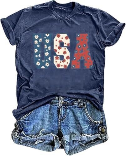 European Size Tixom Women's American Floral Shirt July 4Th American Pattern T-Shirt Independence Day Summer European Size Tixom Women's American Floral Shirt July 4Th American Pattern T-Shirt Independence Day Summer